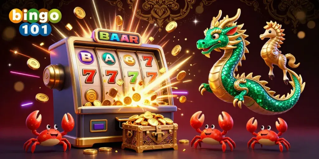 Menangkan jackpot di bingo 101 dengan peti harta karun dan simbol keberuntungan.
