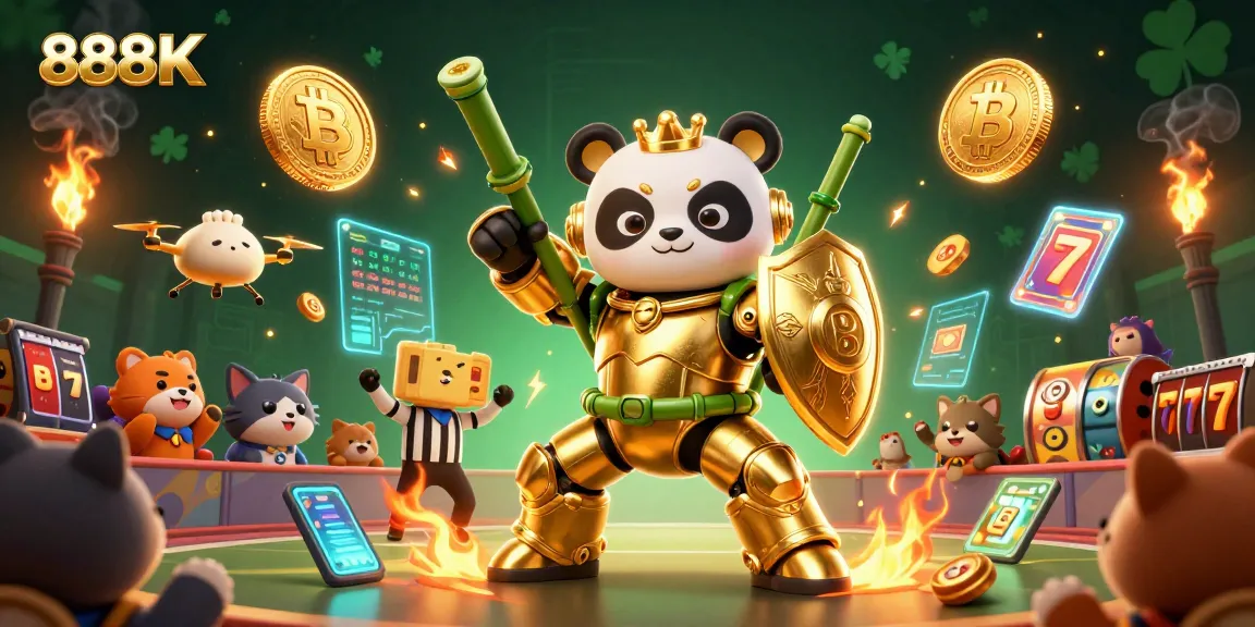 Engage with the vibrant 888K casino scene featuring a mech-suit panda amidst dynamic slot game elements.