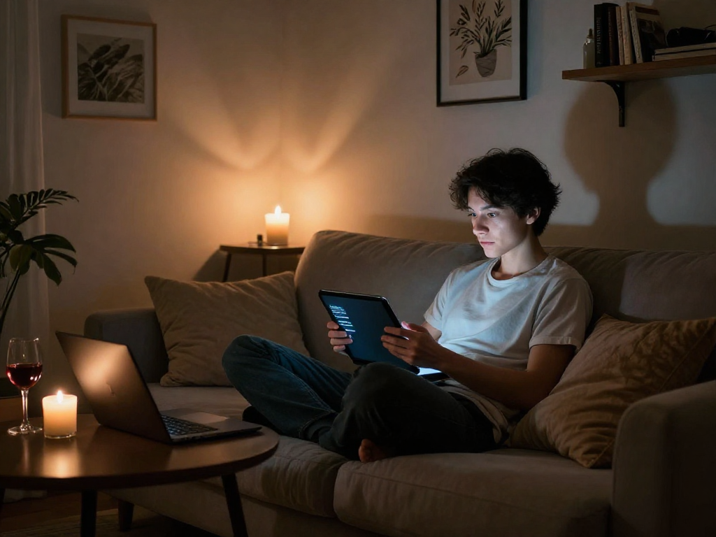 Engaging in an ai porn chat on a tablet in a cozy, intimate setting.