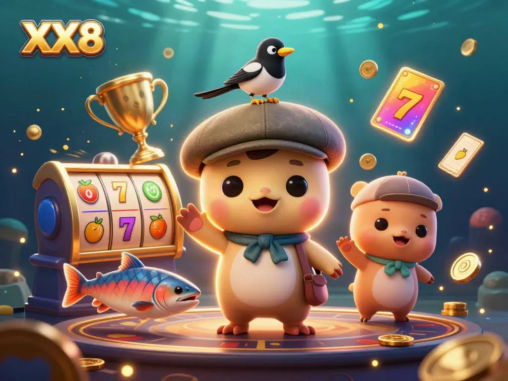 Join the fun at XX8 with a rich 3D scene full of lively casino symbols and colorful characters.
