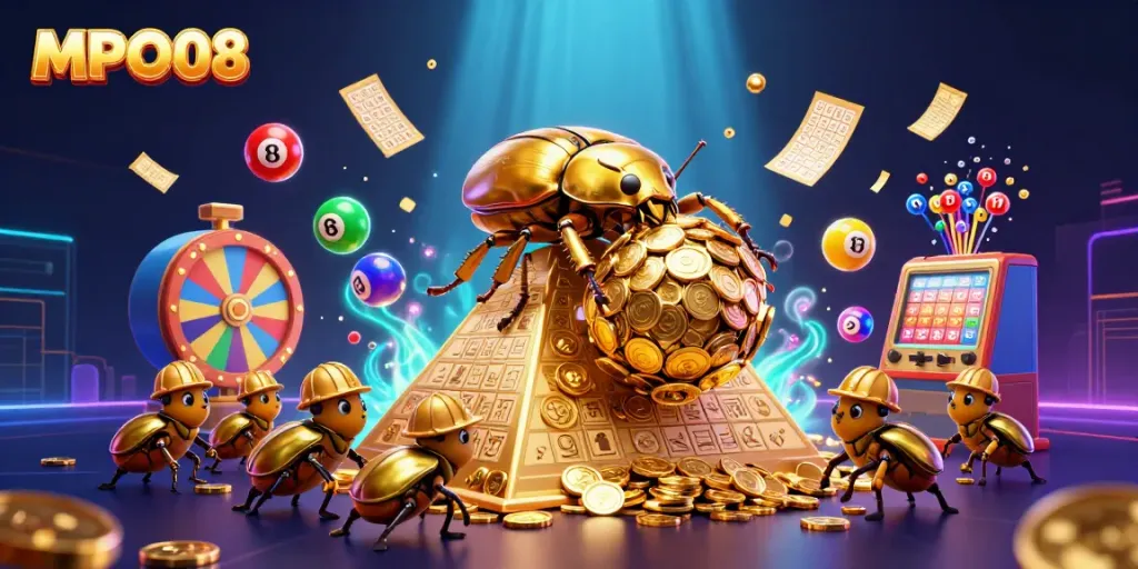 MPO08 captures a vibrant scene with gold coins and lottery elements animatedly bouncing around, showing the excitement of online gambling.