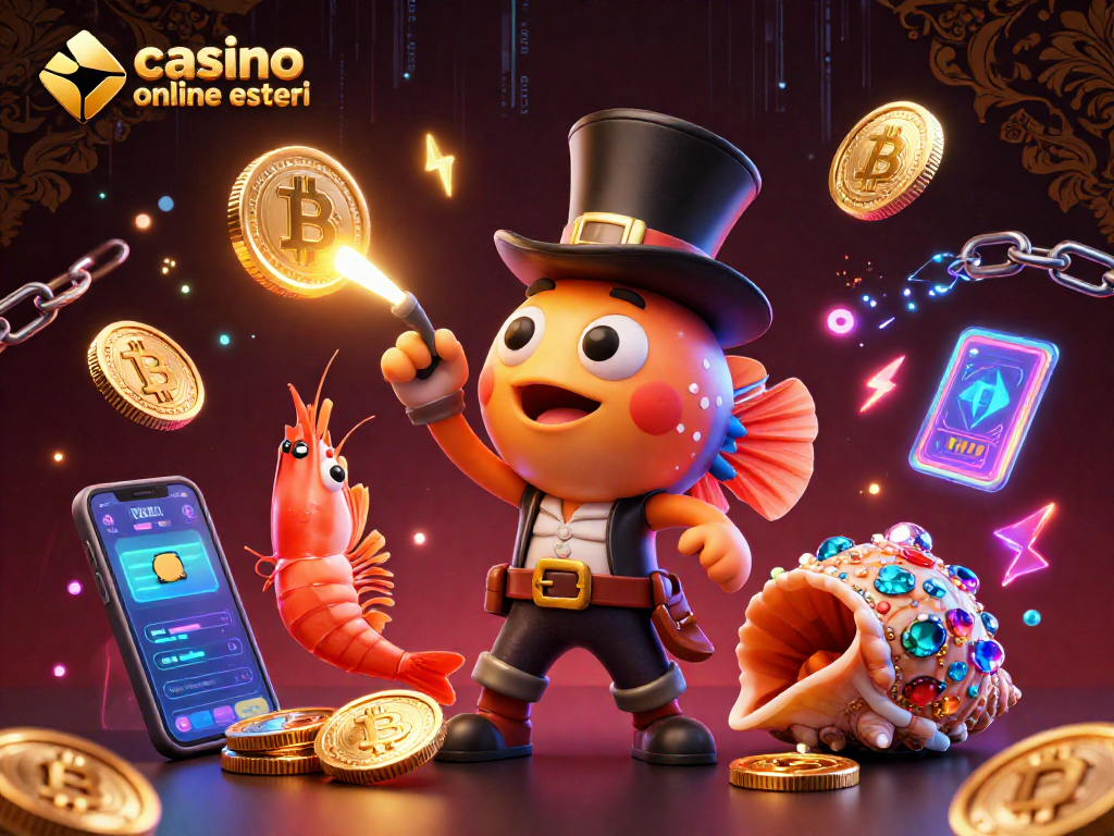 Attira monete d'oro con l'anglerfish in alto, in un'illustrazione 3D per casinò online esteri.