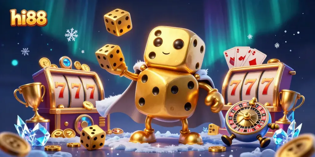 hi88 showcases vibrant casino action with a golden dice golem and jackpot elements.