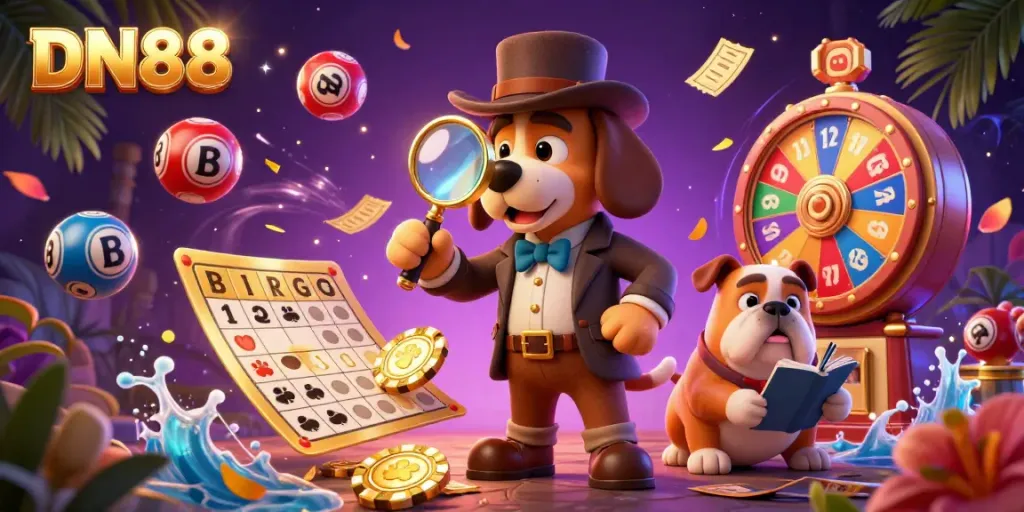 Uncover winning strategies on DN88 with a detective and dog in a vibrant casino scene.