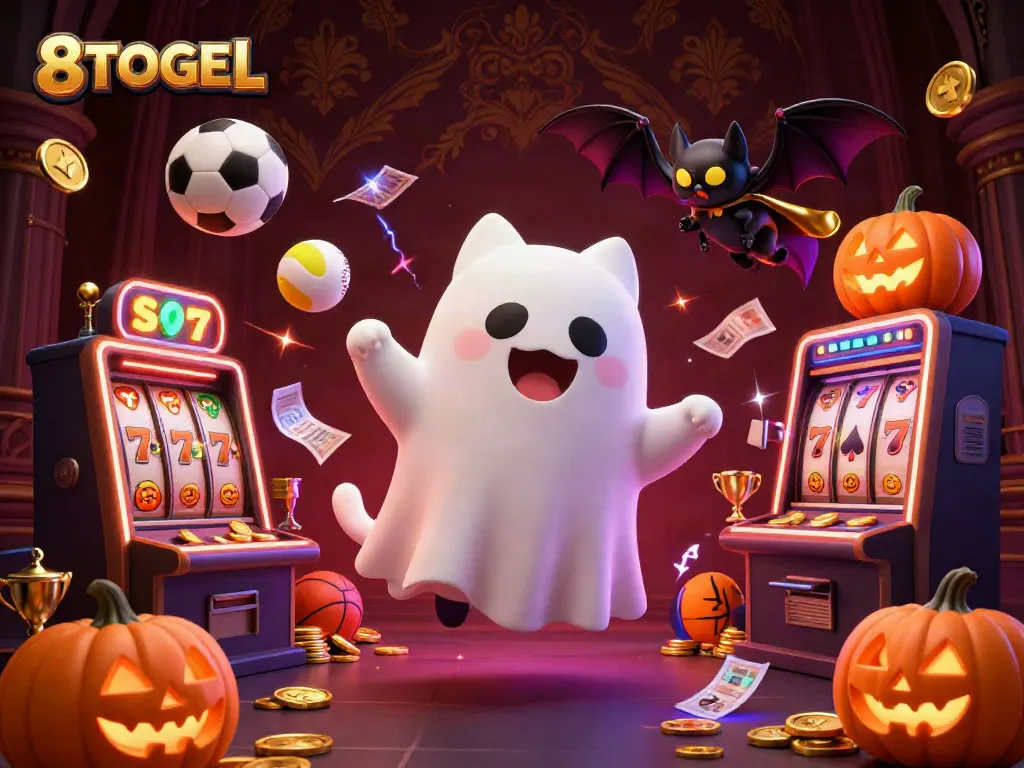Engage with the immersive 8TOGEL casino experience showcasing playful ghost cat characters amidst dynamic gaming elements.