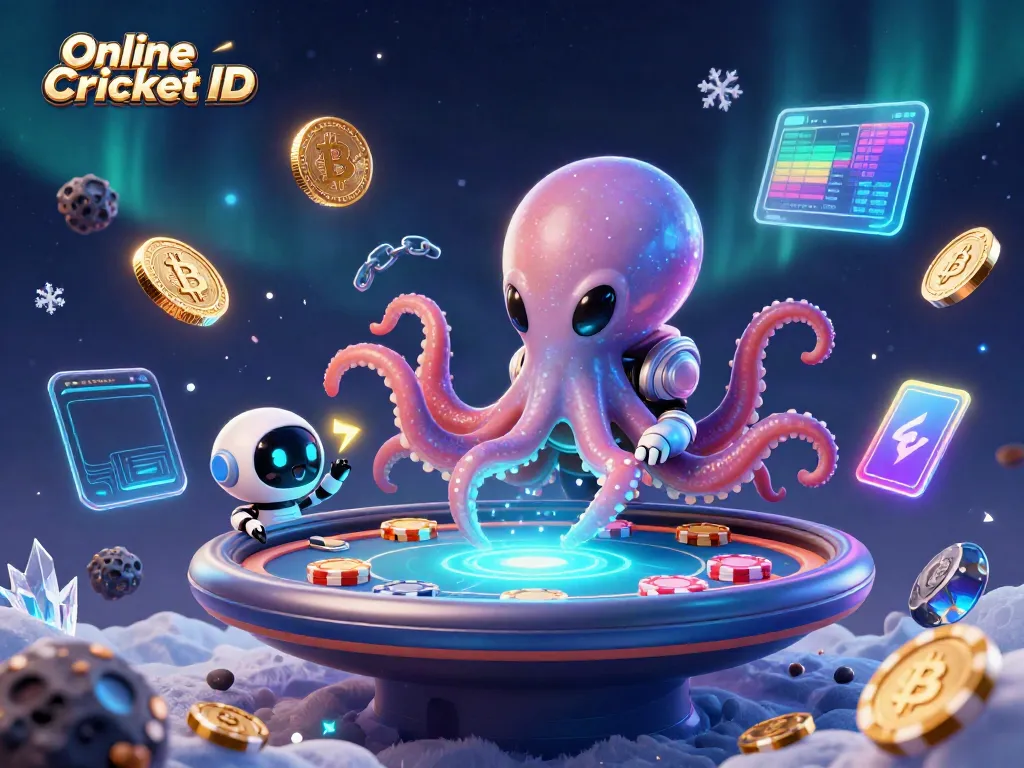 Engage in thrilling gameplay with Online Cricket ID, featuring an animated alien octopus managing a poker table