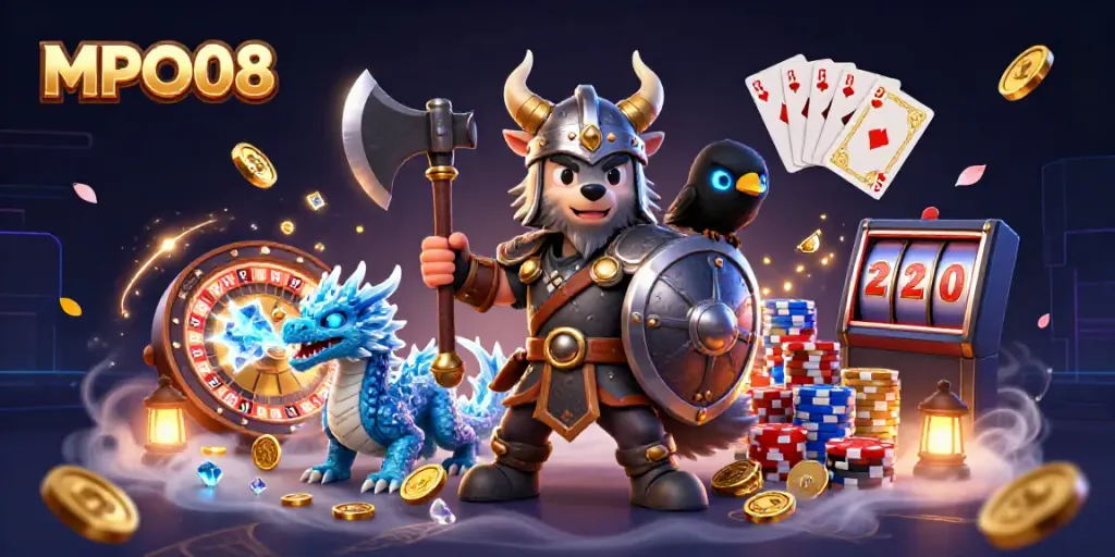 Engage with MPO08 magical online gaming experience featuring a wolf warrior, fierce dragon, and glowing coins.