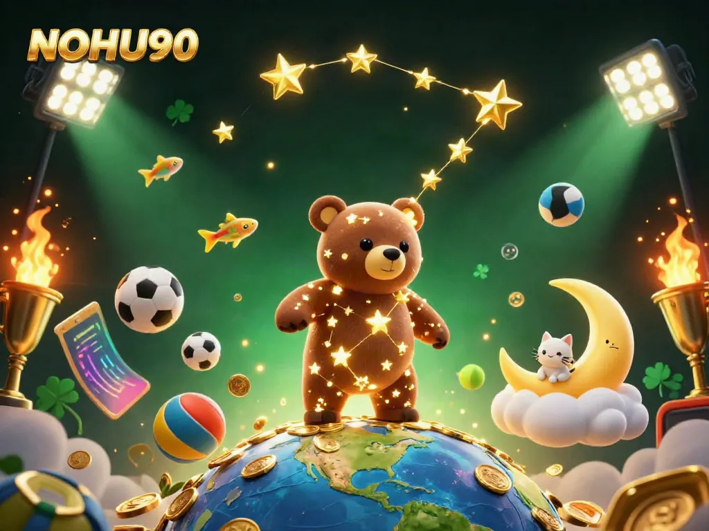 Experience thrilling wins with NOHU90's vibrant 3D casino illustration featuring animated characters and game elements.