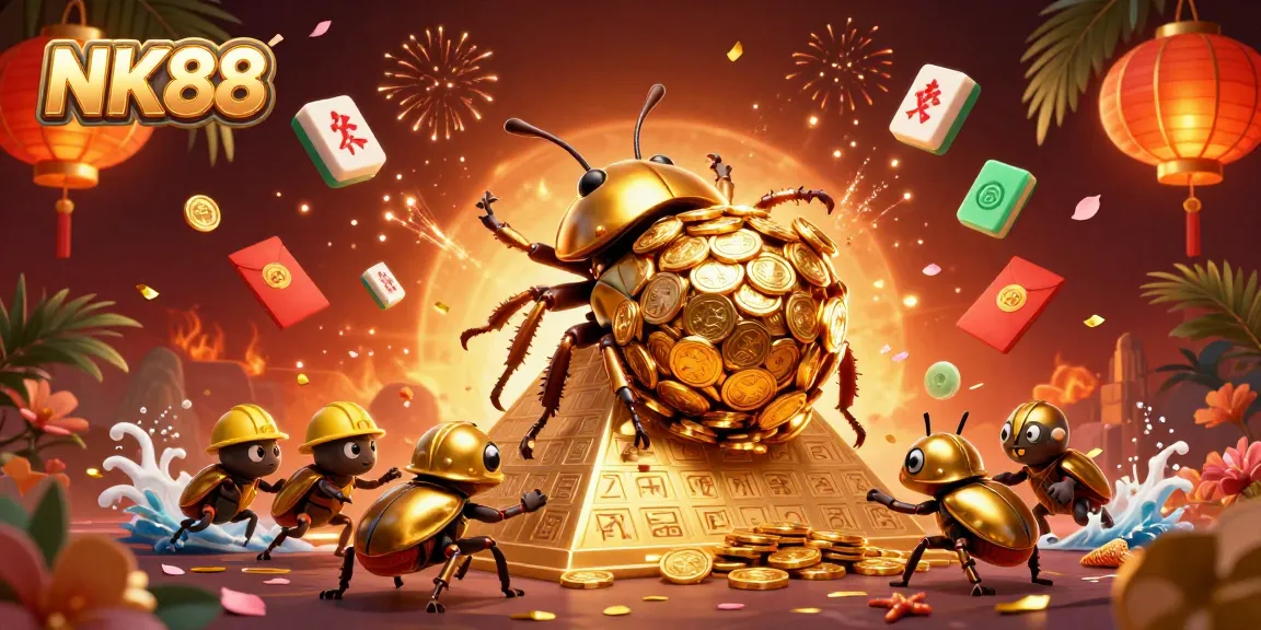 Win big at NK88 with dynamic 3D illustration featuring golden beetles rolling jackpot coins.
