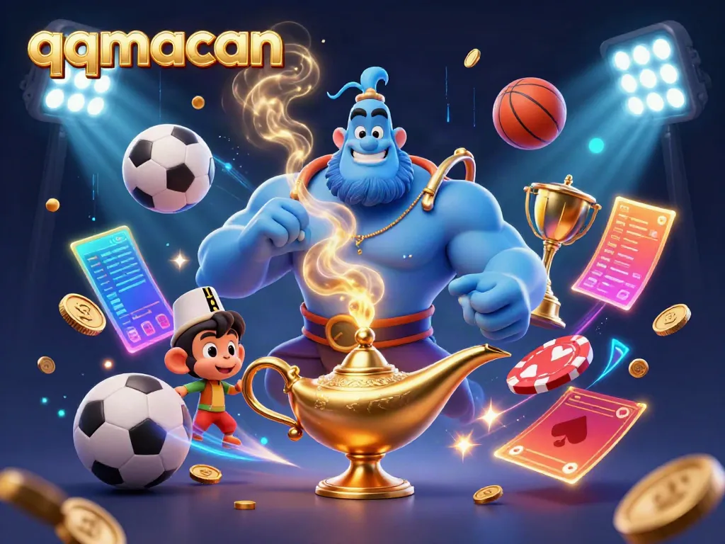 Experience excitement with the qqmacan genie and sports elements in an elaborate casino scene.