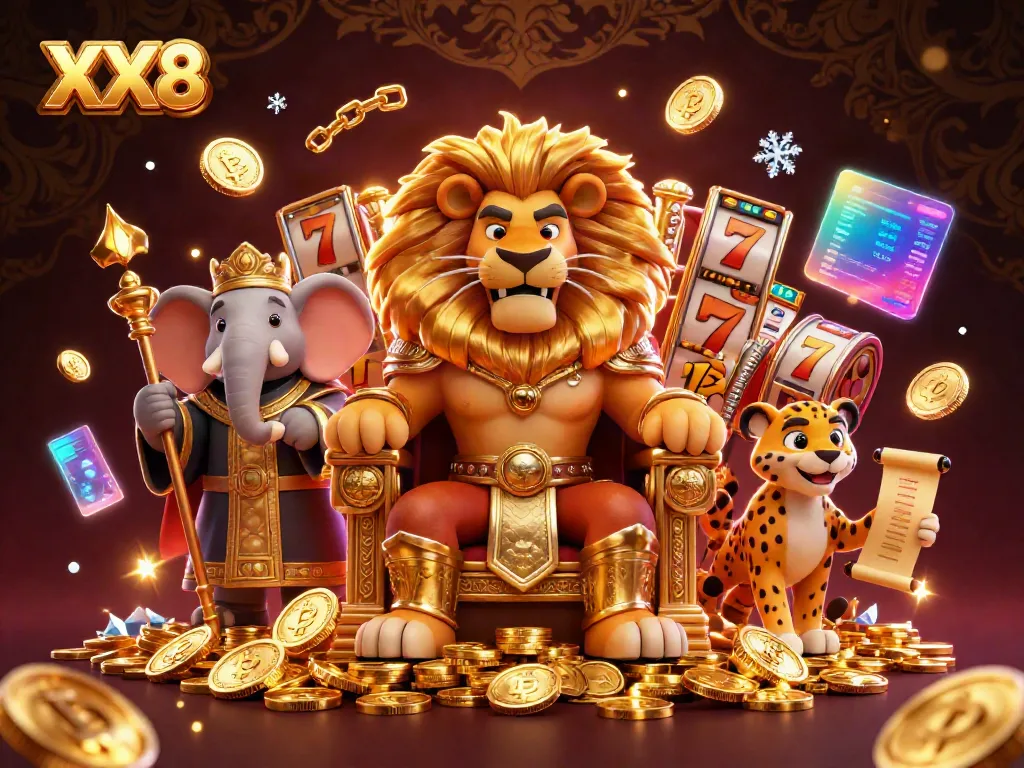 Experience the thrill of online casino games with XX8, featuring a majestic lion king and vibrant slot elements.