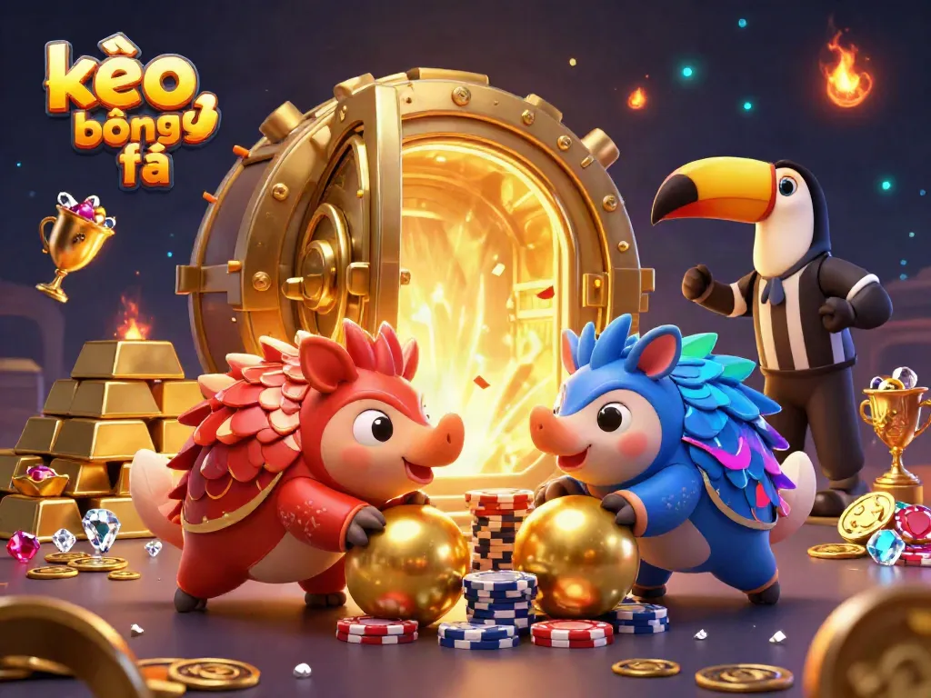 Experience the excitement of kèo bóng đá with animated pangolins competing in a golden ball game amidst a treasure-filled backdrop.