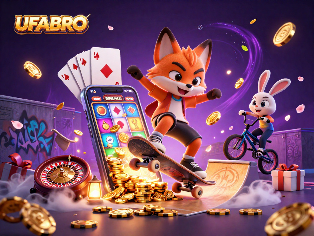 Experience immense thrills betting on UFABRO with vibrant casino symbols and dynamic characters.