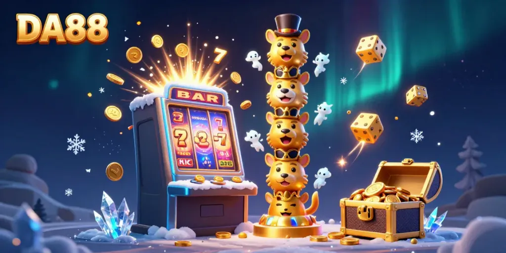Experience DA88's vibrant casino world with a lively golden totem pole and a jackpot slot machine.