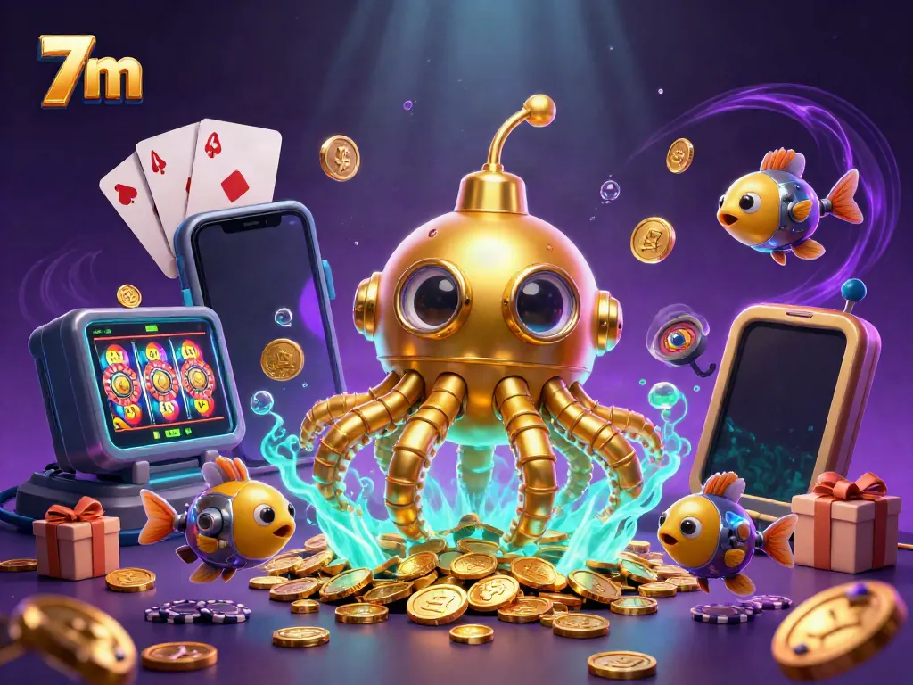 Experience thrilling gameplay with 7m as the golden kraken submarine surfaces through coins amidst captivating visuals.
