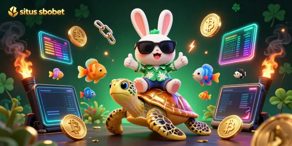 Engage with situs sbobet's vibrant gaming environment, featuring a lucky rabbit and golden turtle in an energetic scene.