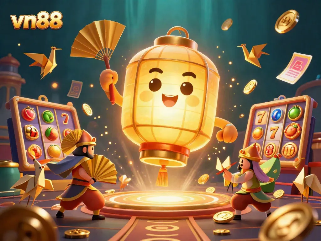 Experience thrilling gaming at vn88 with vibrant slot reels and dynamic characters in an enchanting casino scene.