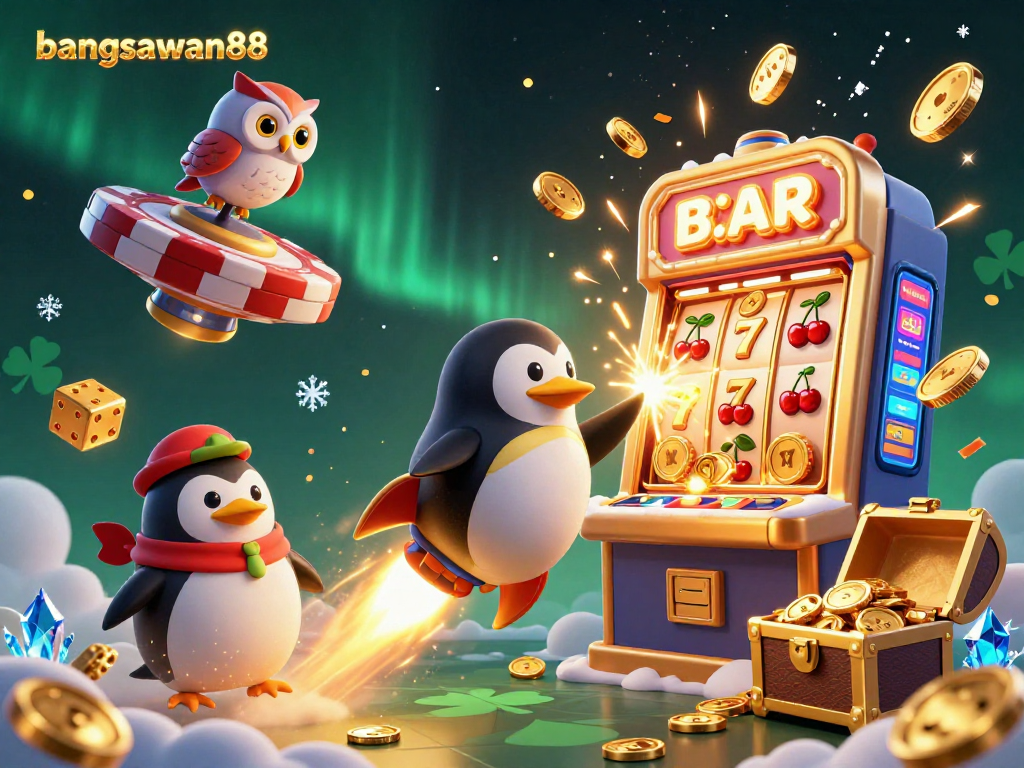 Experience the excitement of bangsawan88 with a golden penguin and jackpot symbols in an engaging 3D casino scene.