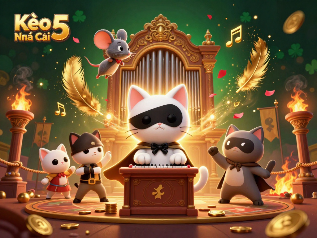 Kèo Nhà Cái 5 showcases a thrilling 3D casino scene with vibrant characters and lively game elements.