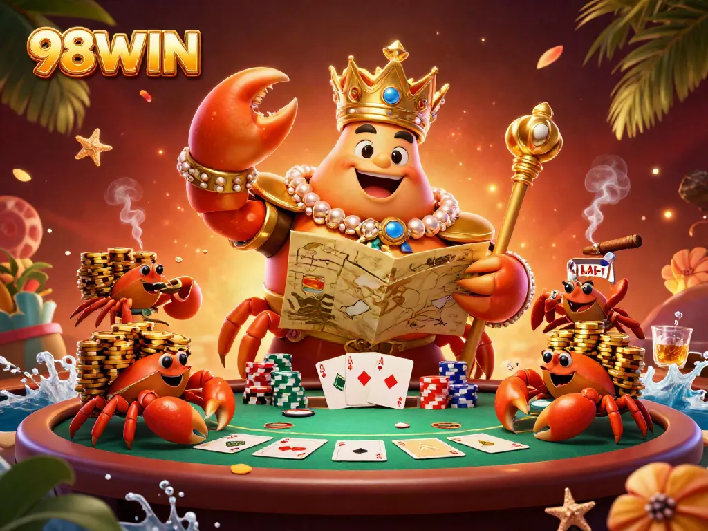 Engage with the vibrant 98WIN casino scene featuring a golden crab emperor amidst poker action and treasure.