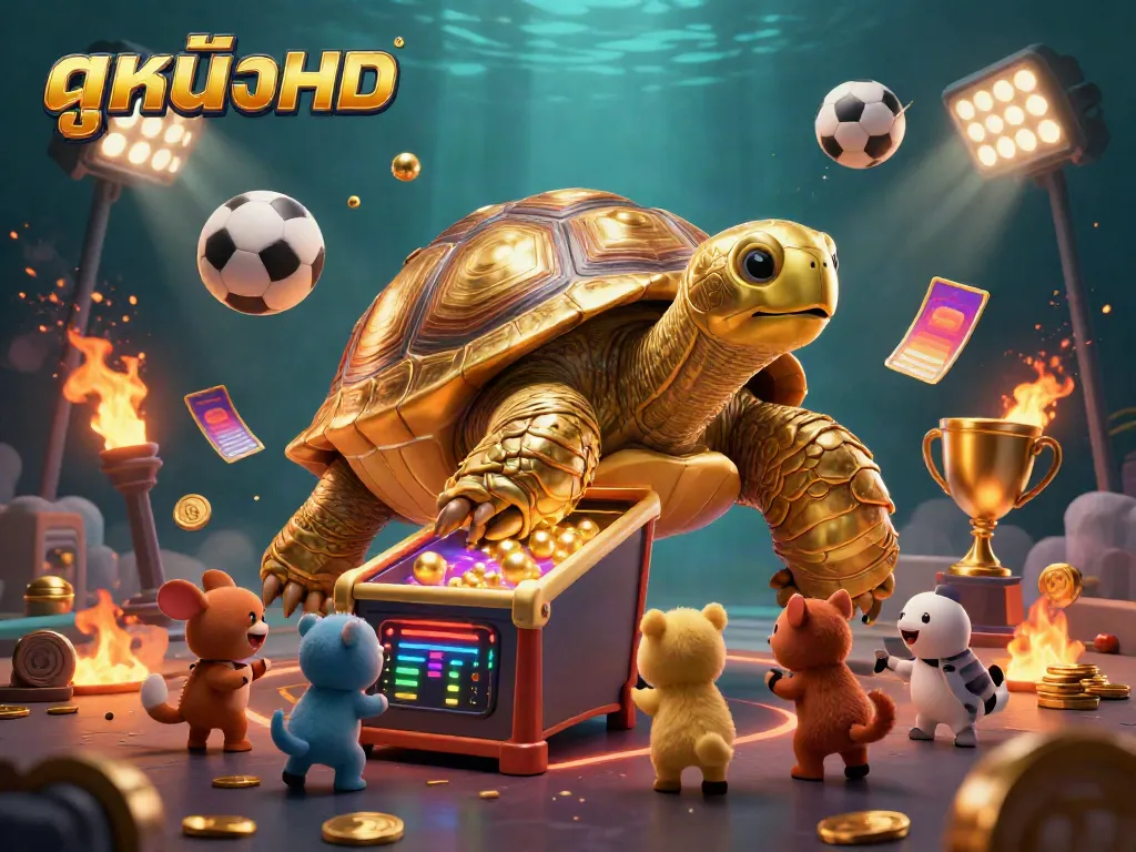 Engage in ดูหนังHD entertainment through a vivid, dynamic gaming scene featuring a colossal tortoise pinball and jubilant players.