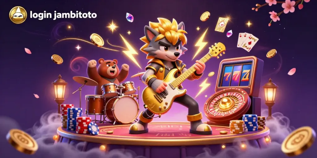 Login JambiToto illustration showing a vibrant casino scene with rock star characters and dynamic gaming elements.