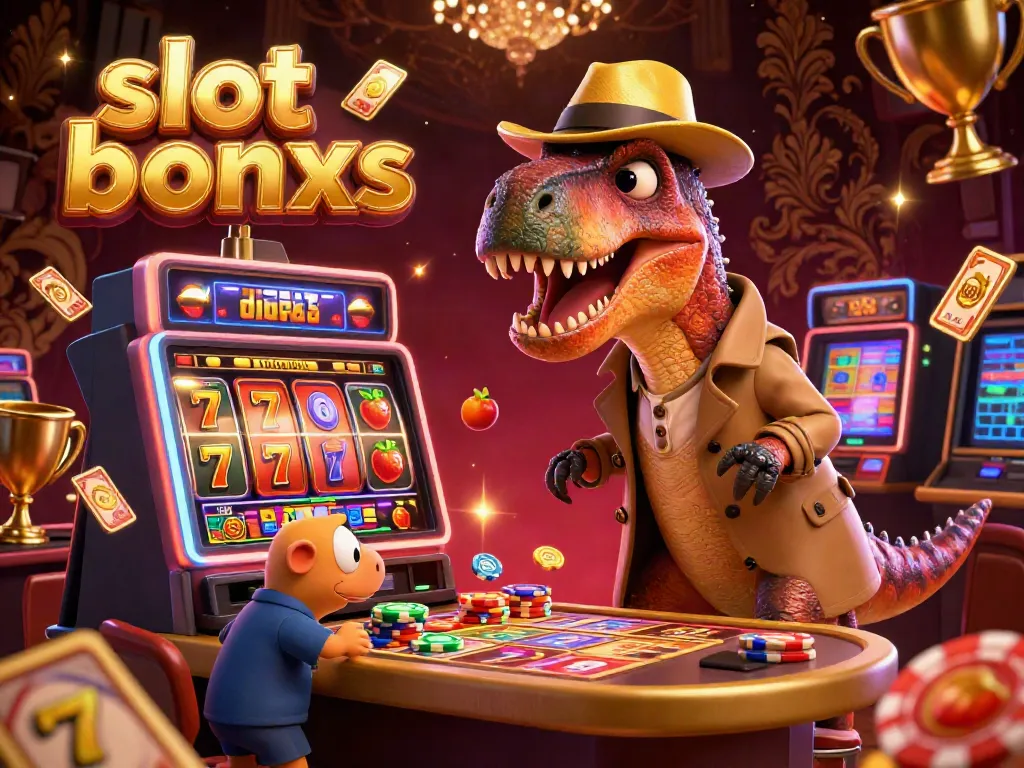 Experience thrilling slot bonus action with a velociraptor at the slots while a stegosaurus watches skeptically.
