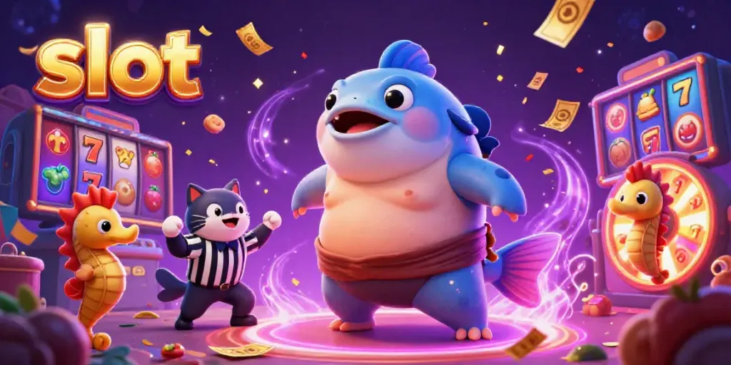 Slot fugu raksasa menghibur penonton dengan suasana meriah penuh tiket emas dan simbol slot.
