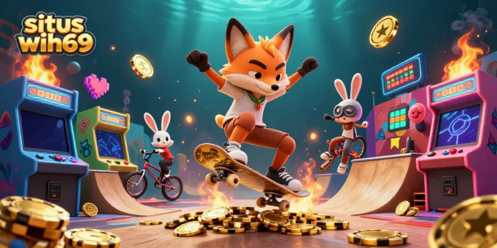 Permainan situs wih69 dengan fox dan kelinci, kombinasi slot dan arcade penuh warna.