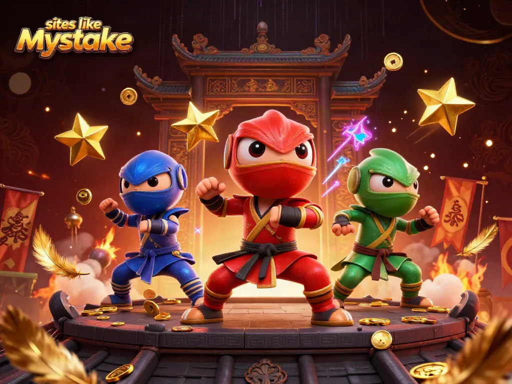 Bettors explore sites like mystake with ninja chameleons engaging in casino-themed martial arts.