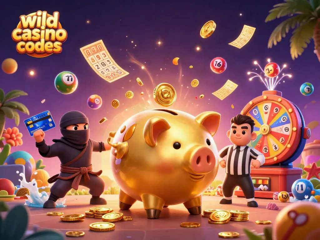 Exciting action scene highlighting wild casino bonus codes with vibrant gambling elements and characters.