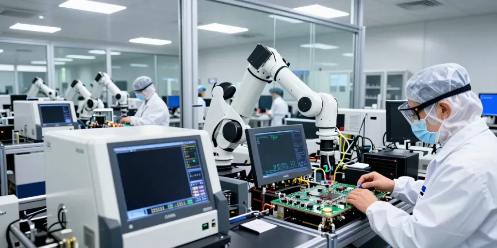 Karyawan di pabrik semikonduktor https://www.oe-semiconductor.com/index2.html sedang bekerja dengan mesin canggih dan papan sirkuit yang rumit.