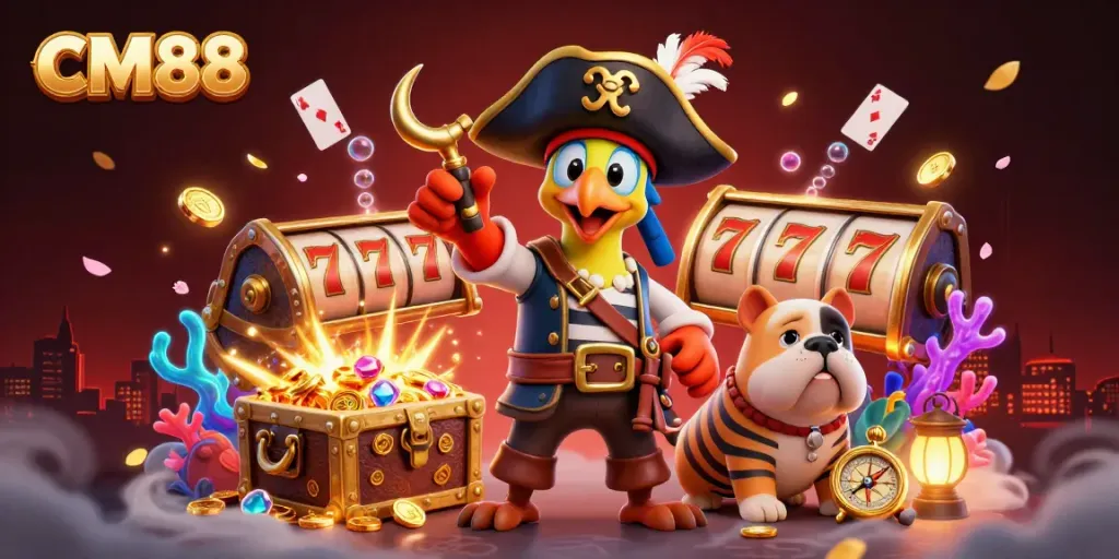 CM88's pirate-themed casino scene filled with gold coins, colorful treasures, and gaming excitement.