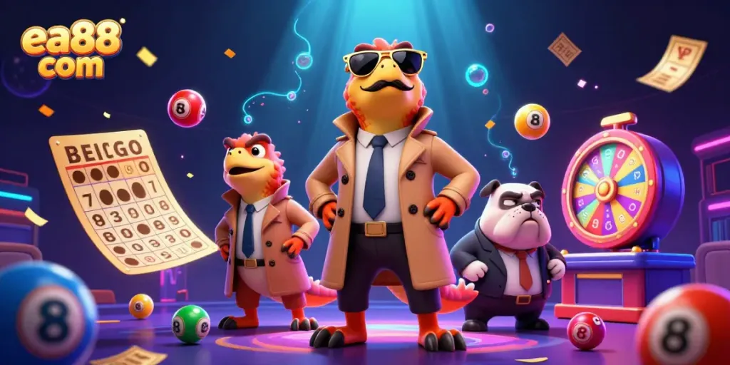 Experience thrills at ea88 com with vibrant lottery elements and cartoon characters in action.