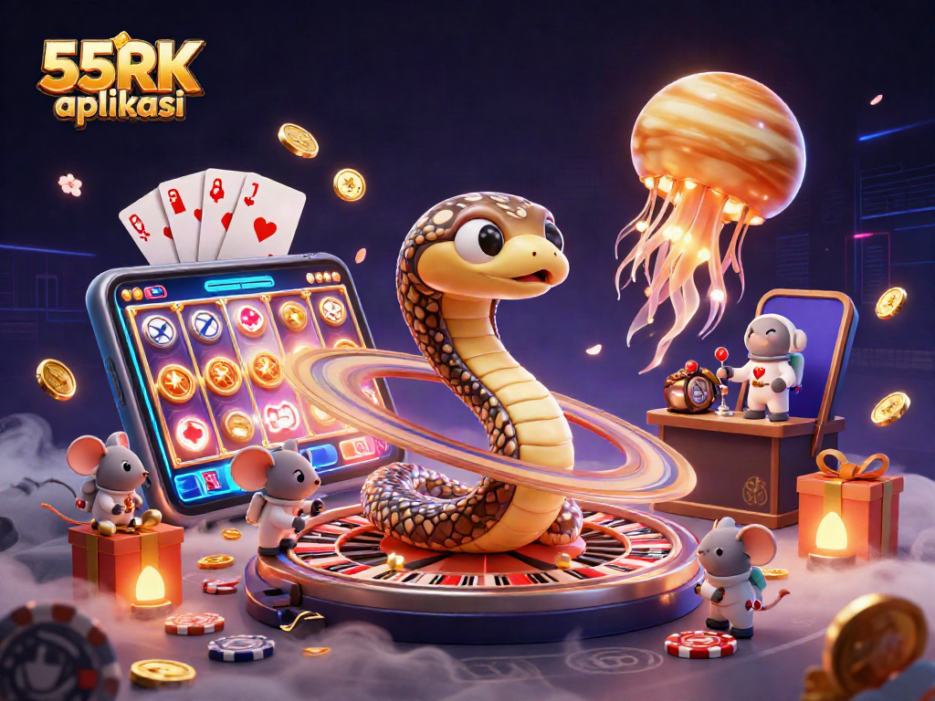 Experience the excitement of 55RK aplikasi with vibrant casino elements and dynamic characters in action.