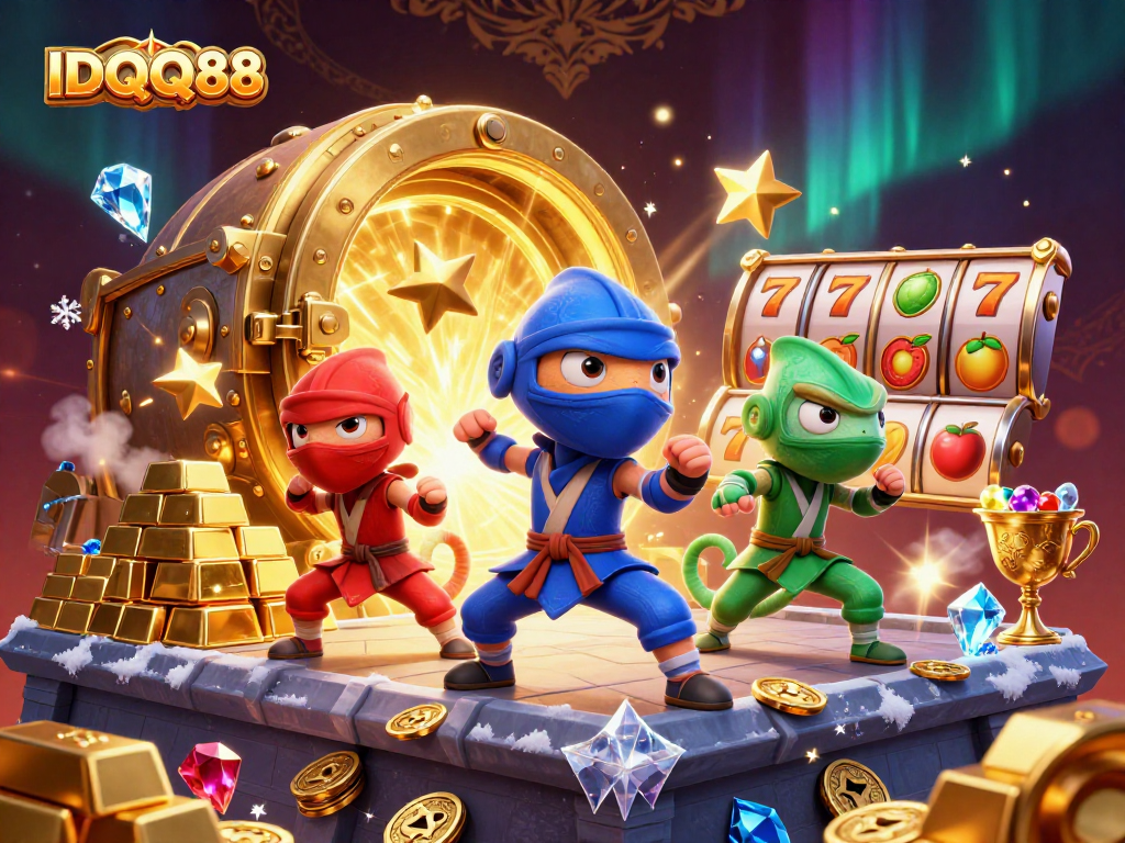 Unleash your winnings with IDQQ88 and its vibrant, animated ninja chameleons in a gold-filled casino scene.