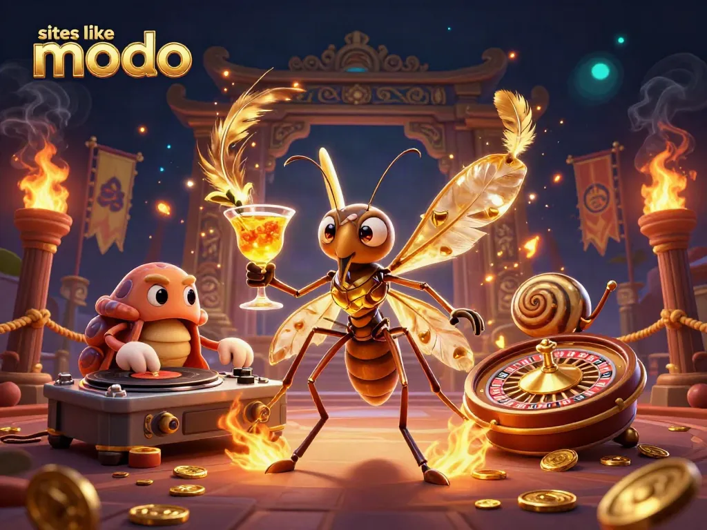 Spin big at sites like modo with a vibrant, animated casino scene featuring dynamic characters and exciting elements.