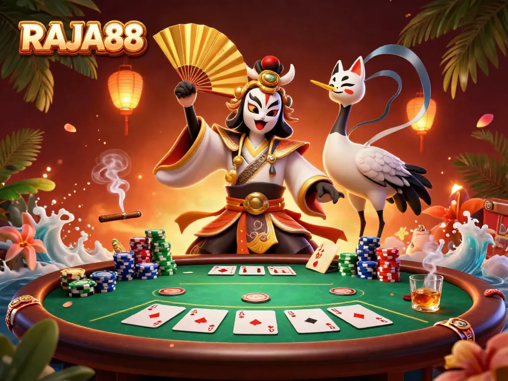 RAJA88 menawarkan ilustrasi kasino yang penuh warna dengan karakter kabuki dan elemen poker.