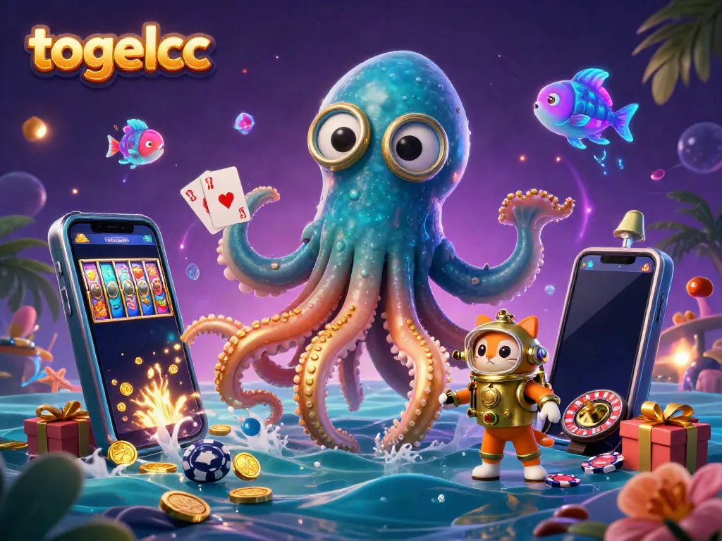 Engage in thrilling gaming with togelcc, surrounded by a vibrant casino scene featuring a kraken, a diving cat, and colorful slot elements.