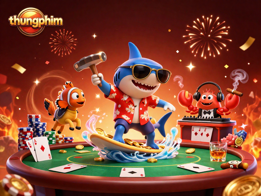 Experience the thrill of thungphim with this vibrant 3D casino illustration featuring a shark and colorful characters.