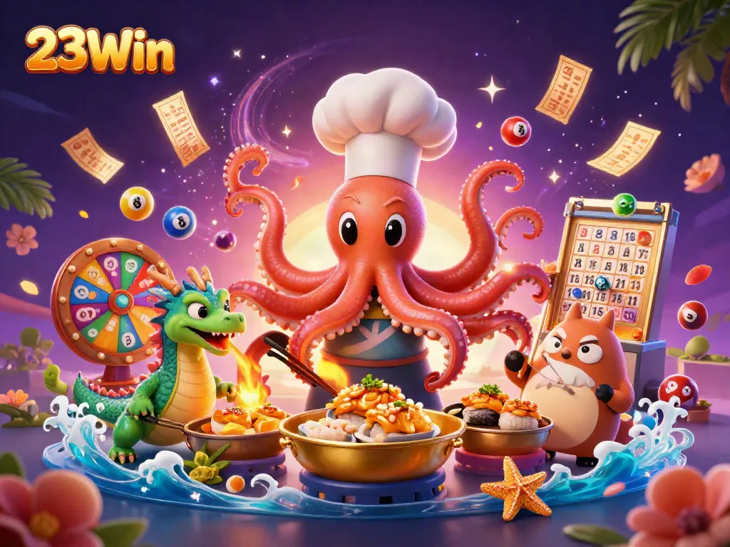 Experience the excitement of 23Win with energetic characters and vibrant gambling elements in a dynamic casino scene.