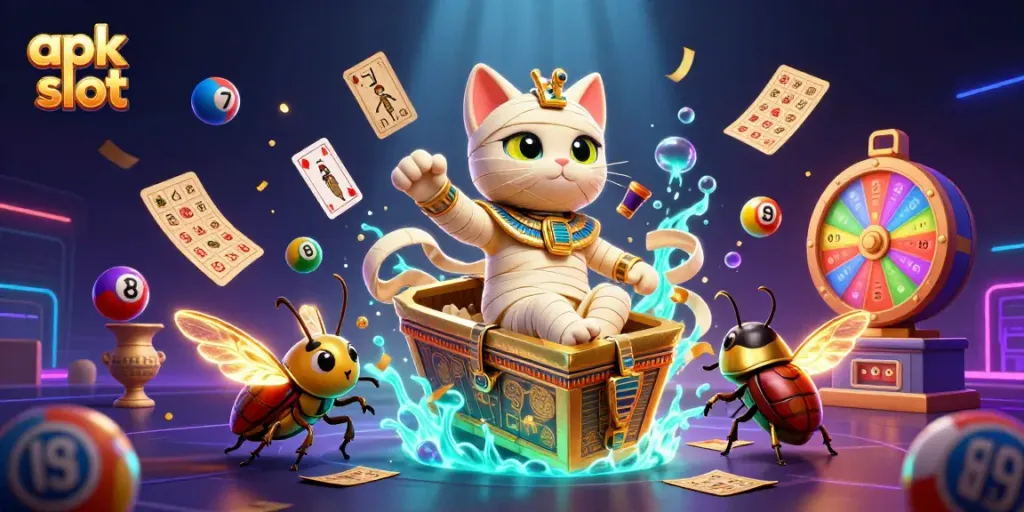 Experience thrilling apk slot action with the Egyptian mummy cat and golden scarab in a dynamic casino scene.