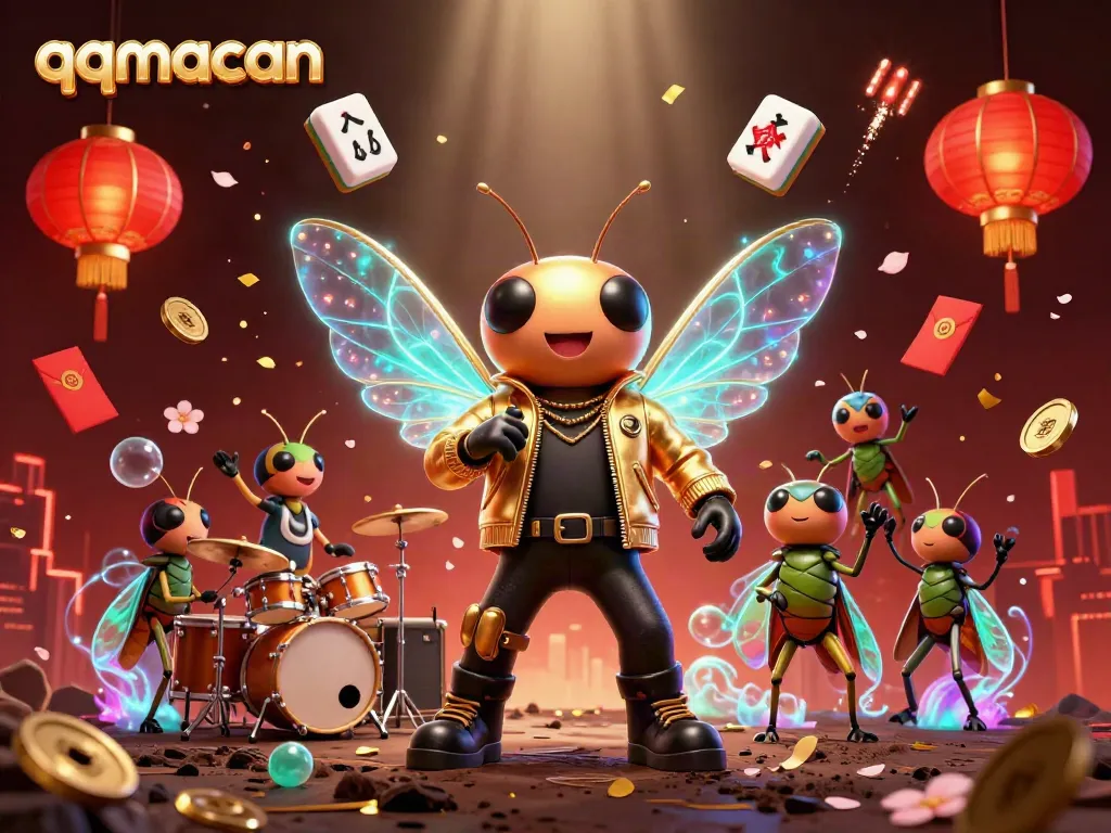 Experience thrilling gameplay with qqmacan, featuring cartoon rock star and glowing mahjong in a vibrant casino scene.