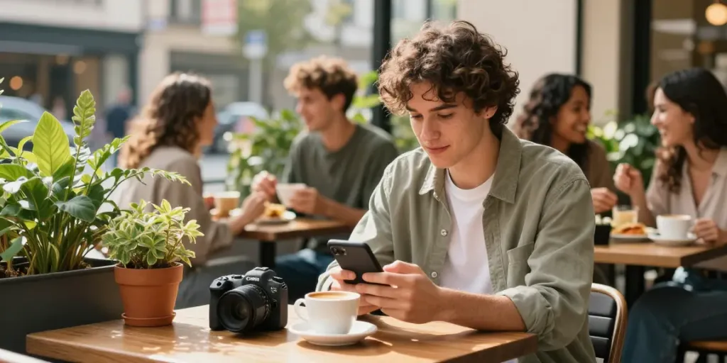Trendy urban café scene featuring an individual engaging with peh888 community in a vibrant atmosphere.