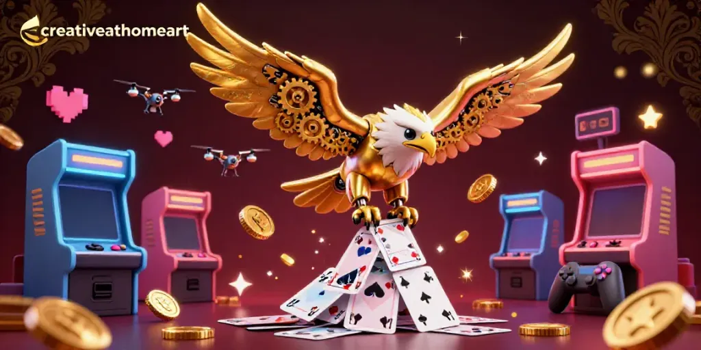 Engaging scene depicting creativeathomeart's vibrant 3D illustration of the cybernetic eagle amidst casino elements.