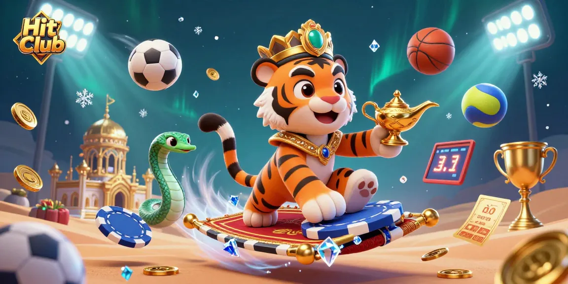 Hit Club showcases a vibrant 3D casino scene with a tiger sultan on a carpet of poker chips.