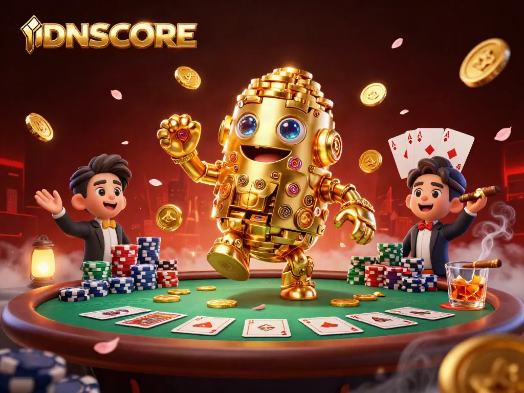 Engage with IDNSCORE's dynamic casino experience featuring a golden golem and vibrant poker setup.