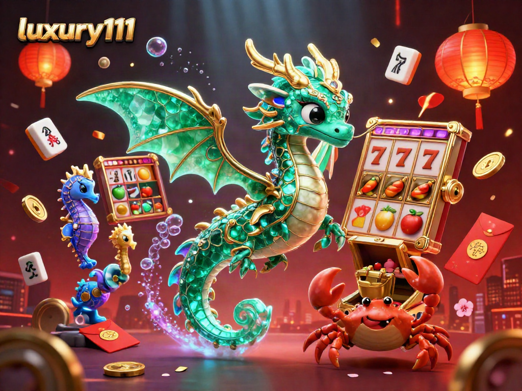 Experience luxury111 gaming with a 3D dragon, slot reels, and radiant symbols in this vibrant illustration.