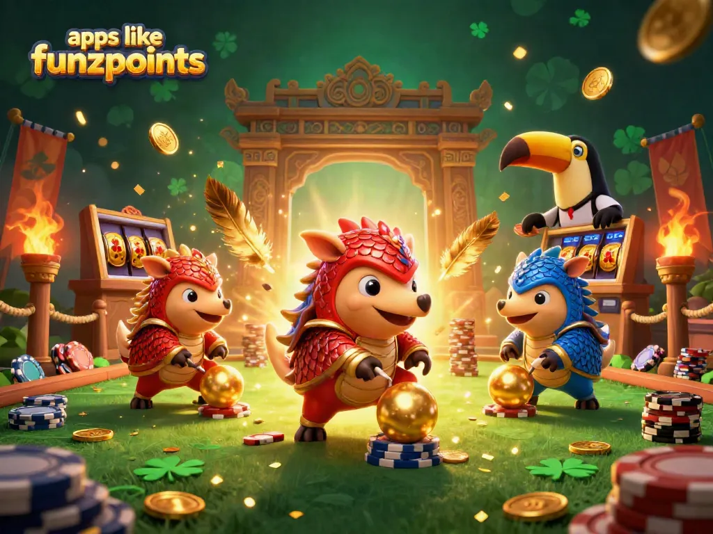 Spin and win with apps like funzpoints in this vibrant casino showdown featuring competitive pangolins.