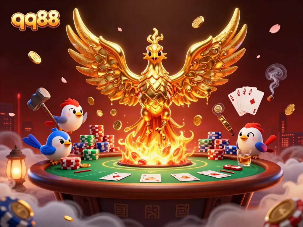 Experience thrilling gameplay with qq88's golden phoenix illustration and poker elements.